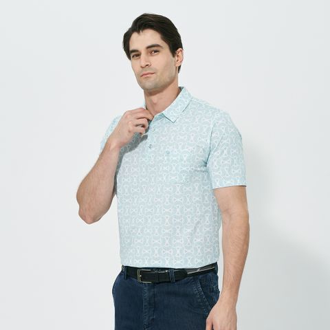 【pierre cardin 皮爾卡登】男款 吸濕排汗印花襯衫領短袖polo衫-藍色 (5257203-33)