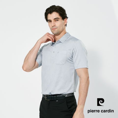 【pierre cardin 皮爾卡登】男款 吸濕排汗緹花襯衫領短袖polo衫-灰色 (5257206-92)