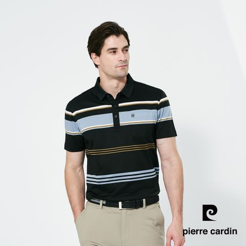【pierre cardin 皮爾卡登】男款 抗菌定位條短袖polo衫-黑色 (5257222-99)