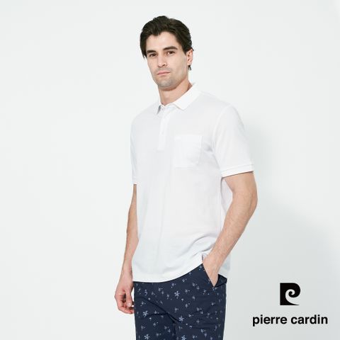 【pierre cardin 皮爾卡登】男款 蠶絲混紡抗菌素面短袖polo衫-白色 (5257261-90)