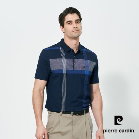【pierre cardin 皮爾卡登】男款 大定位格印花短袖polo衫-深藍色 (5257263-39)