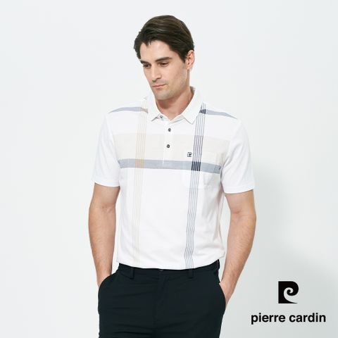 【pierre cardin 皮爾卡登】男款 大定位格印花短袖polo衫-白色 (5257263-90)