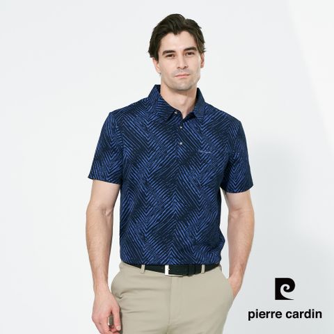 【pierre cardin 皮爾卡登】男款 棉混PK印花襯衫領短袖polo衫-藍色 (5257265-39)