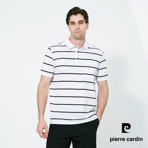 【pierre cardin 皮爾卡登】男款 棉混抗菌橫條短袖polo衫-白色 (5257269-90)