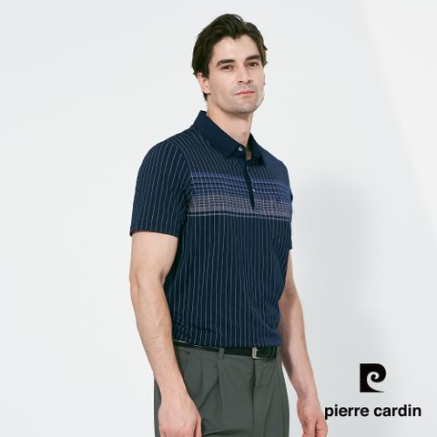 【pierre cardin 皮爾卡登】男款 大定位印格短袖polo衫-深藍色 (5257255-39)