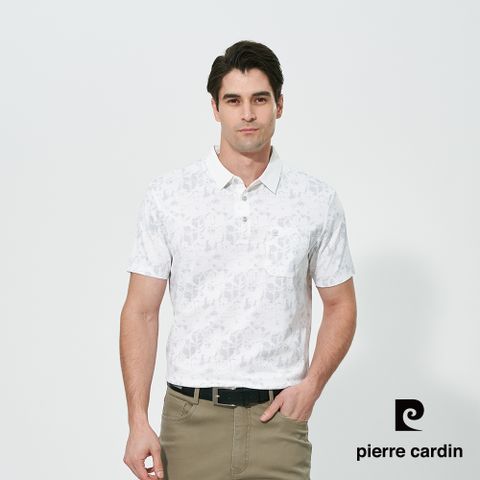 【pierre cardin 皮爾卡登】男款 無縫印花短袖polo衫-白色 (5257229-90)