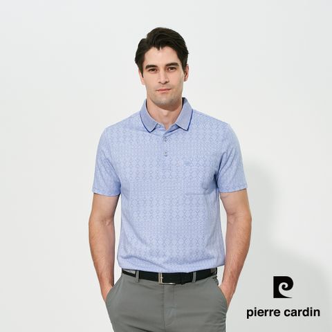 【pierre cardin 皮爾卡登】男款 雙色網眼印花短袖polo衫-藍色 (5257254-33)