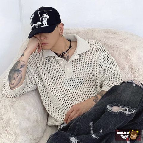 【AMERO】男裝 女裝 針織 洞洞 POLO衫 寬鬆 落肩 情侶裝
