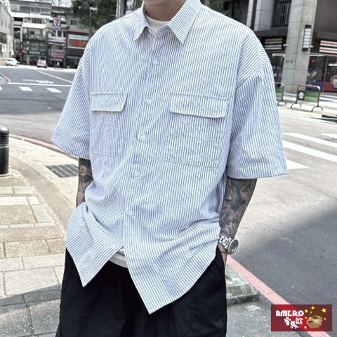 【AMERO】男裝 女裝 工裝 棉麻襯衫 條紋 寬鬆 落肩 情侶裝