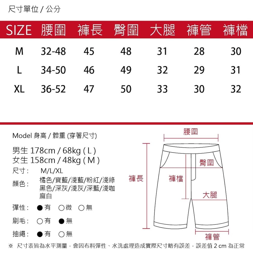 尺寸單位/公分SIZE 腰圍 褲長 臀圍 大腿 褲管 褲檔M 32-48 4548312830L 34-50 46493229XL 36-52 47505033303132腰圍Model 身高/體重 (穿著尺寸)M/L/XL男生 178cm / 68kg (L)女生 158cm / 48kg (M)尺寸:臀圍顏色:橘色/寶藍/淺藍/粉紅/淺綠黑色/深灰/淺灰/深藍/淺咖麻白褲長褲檔大腿彈性:微 無刷毛: 有抽繩: 有無褲管※ 尺寸表皆為水平測量,會因布料彈性、水洗處理造成實際尺寸略有誤差,誤差值2cm 為正常