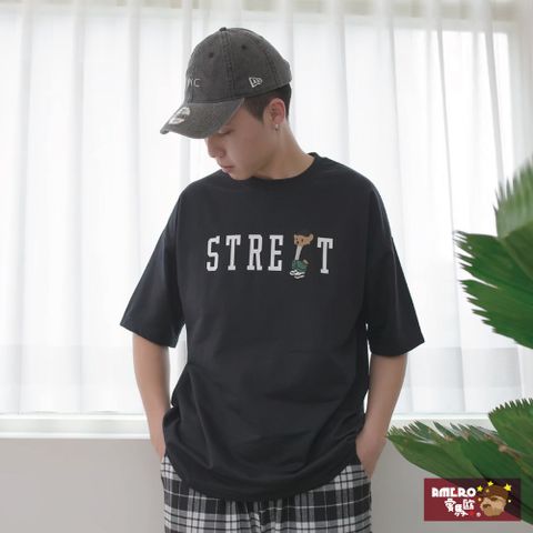 【AMERO】男裝 女裝 圓領 T恤 短袖 電繡熊熊 寬鬆 落肩 情侶裝