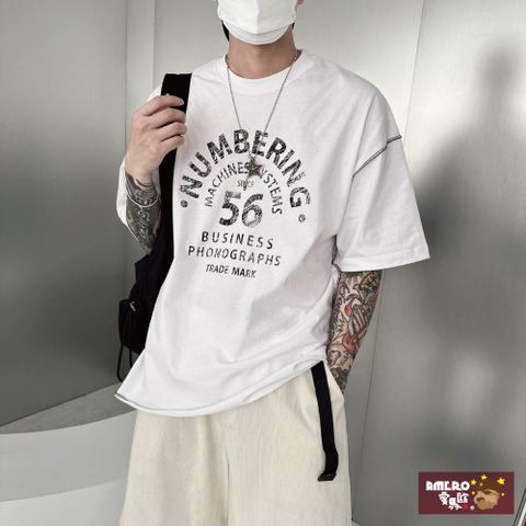 【AMERO】男裝 女裝 圓領 T恤 短袖 撞色縫線 英文字印花 寬鬆 落肩 情侶裝