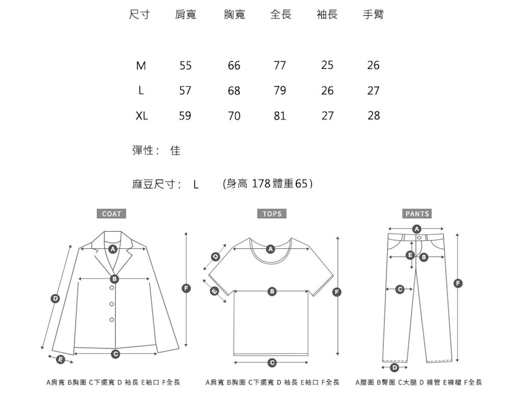 COAT尺寸肩胸寬全長 袖長手臂Σ5566L56879XL59707 7725262627812728彈性: 佳麻豆尺寸: L(身高178體重65)TOPSDPANTSA肩寬 胸圍 C下擺寬D袖長袖口 全長A肩寬 B胸圍 C下擺寬 D袖長 E袖口全長A B C大腿D褲管E F全長