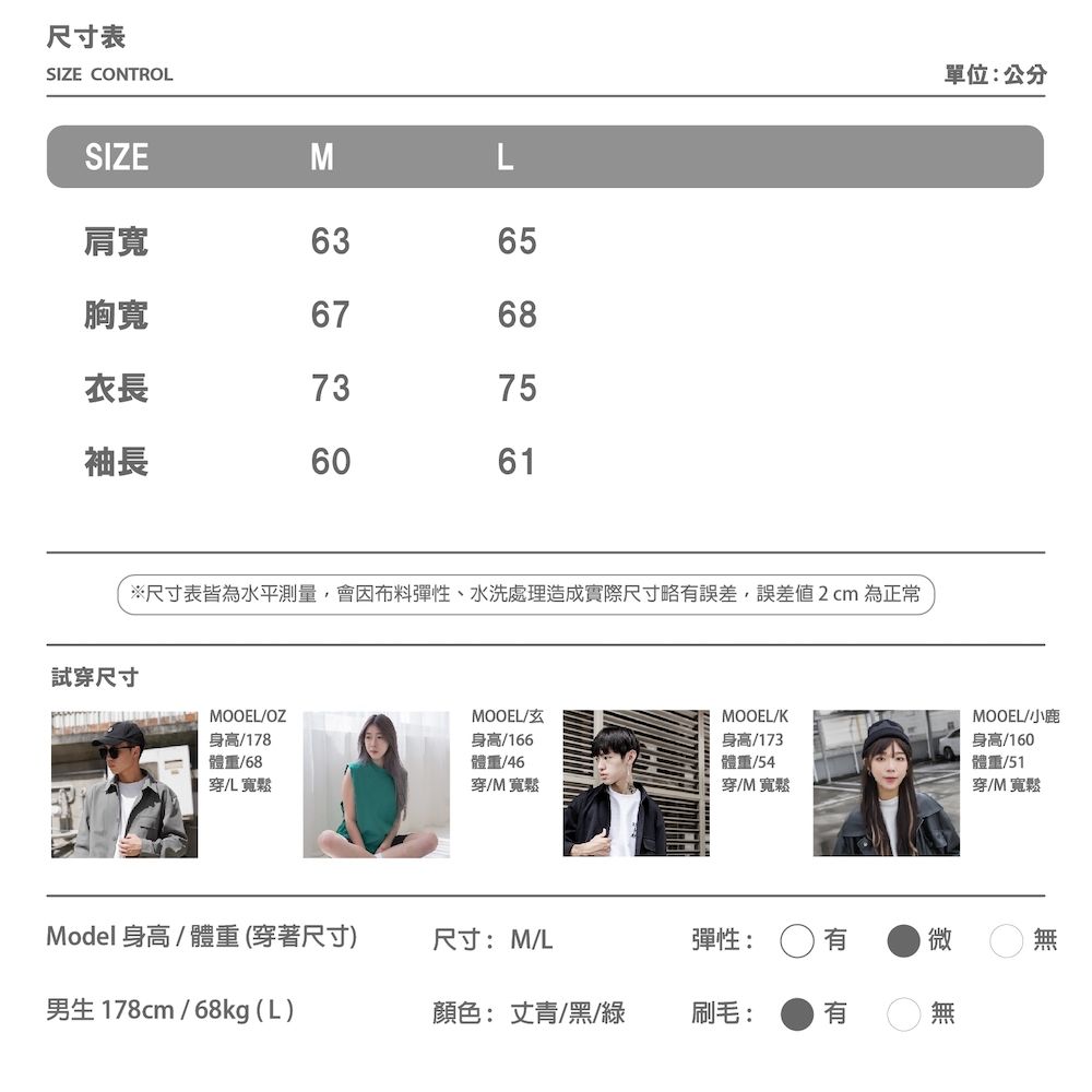 尺寸表SIZE CONTROL單位:公分SIZEML肩寬6365胸寬6768衣長73袖長756061試穿尺寸※尺寸表皆為水平測量,會因布料彈性、水洗處理造成實際尺寸略誤差,誤差2cm 為正常MOOEL/OZMOOEL/MOOEL/K身高/178體重/68穿儿寬鬆身高/166體重/46穿/M寬鬆身高/173體重/54穿/M寬鬆MOOEL/小鹿身高/160體重/51穿/M寬鬆Model身高/體重(穿著尺寸)尺寸:M/L彈性:有微男生 178cm/68kg (L)顏色: 丈青/黑/綠刷毛: