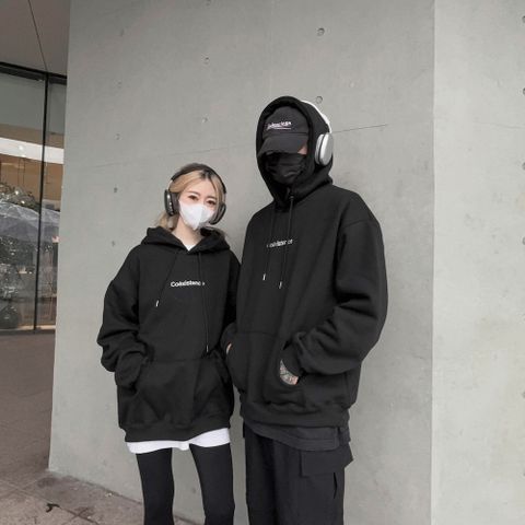 【AMERO】男裝 女裝 長袖刷毛連帽Ｔ恤 英文字刺繡 寬鬆 落肩 情侶裝