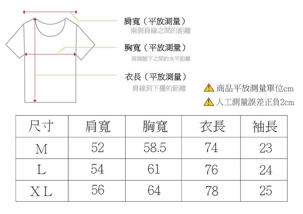 肩寬(平放測量)兩側肩線之間的距離胸寬(平放測量)兩側腋下之間的水平距離衣長(平放測量)肩線到下擺的距離 商品平放測量單位 人工測量誤差正負2cm尺寸肩寬胸寬衣長袖長M5258.57423L54617624 L56647825