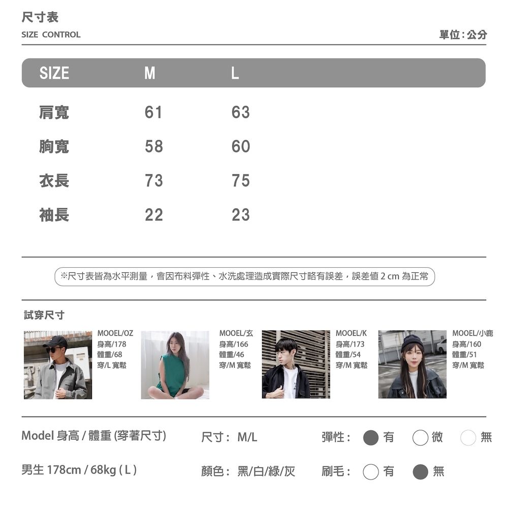 尺寸表SIZE CONTROL單位:公分SIZEML肩寬6163胸寬5860衣長7375袖長2223試穿尺寸※尺寸表皆為水平測量,會因布料彈性、水洗處理造成實際尺寸略誤差,誤差2cm 為正常MOOEL/OZMOOEL/MOOEL/K身高/178體重/68穿儿寬鬆身高/166體重/46穿/M寬鬆身高/173體重/54穿/M寬鬆Model身高/體重(穿著尺寸)尺寸:M/L彈性:有男生 178cm/68kg (L)顏色:黑/白/綠/灰刷毛:MOOEL/小鹿身高/160體重/51穿/M 寬鬆