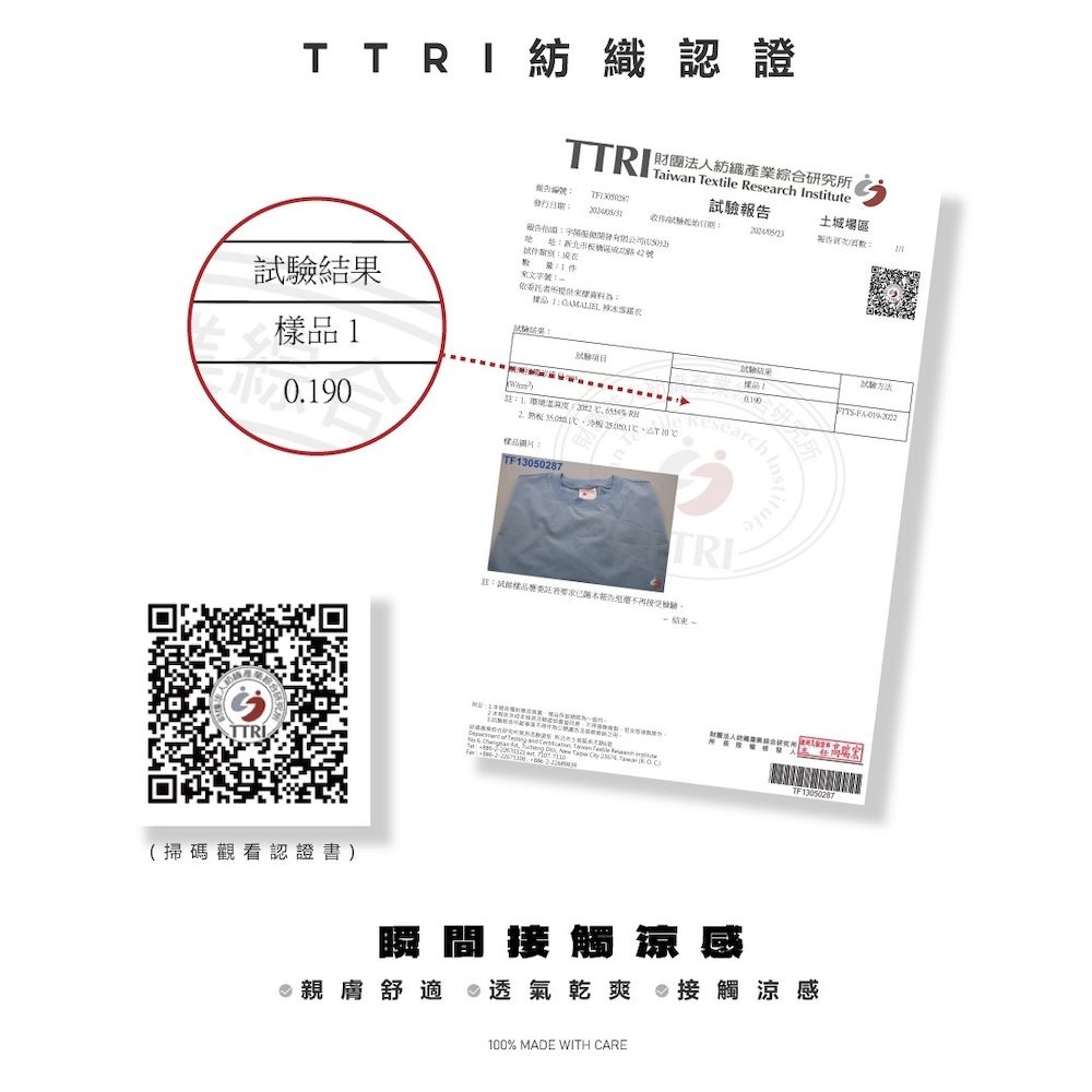 紡織認  Textile Research Institute法人紡織產業綜合研究所編發行驗土城場證址新北市區試試驗結果號者所為GAMAIEL TTRI(掃碼觀看認證書)1.   地ITF13050287試驗方法0190FA019-2022TRI:樣品報告 LTF13050287瞬間接觸涼感親膚舒適  透氣乾爽接觸涼感100% MADE WITH CARE
