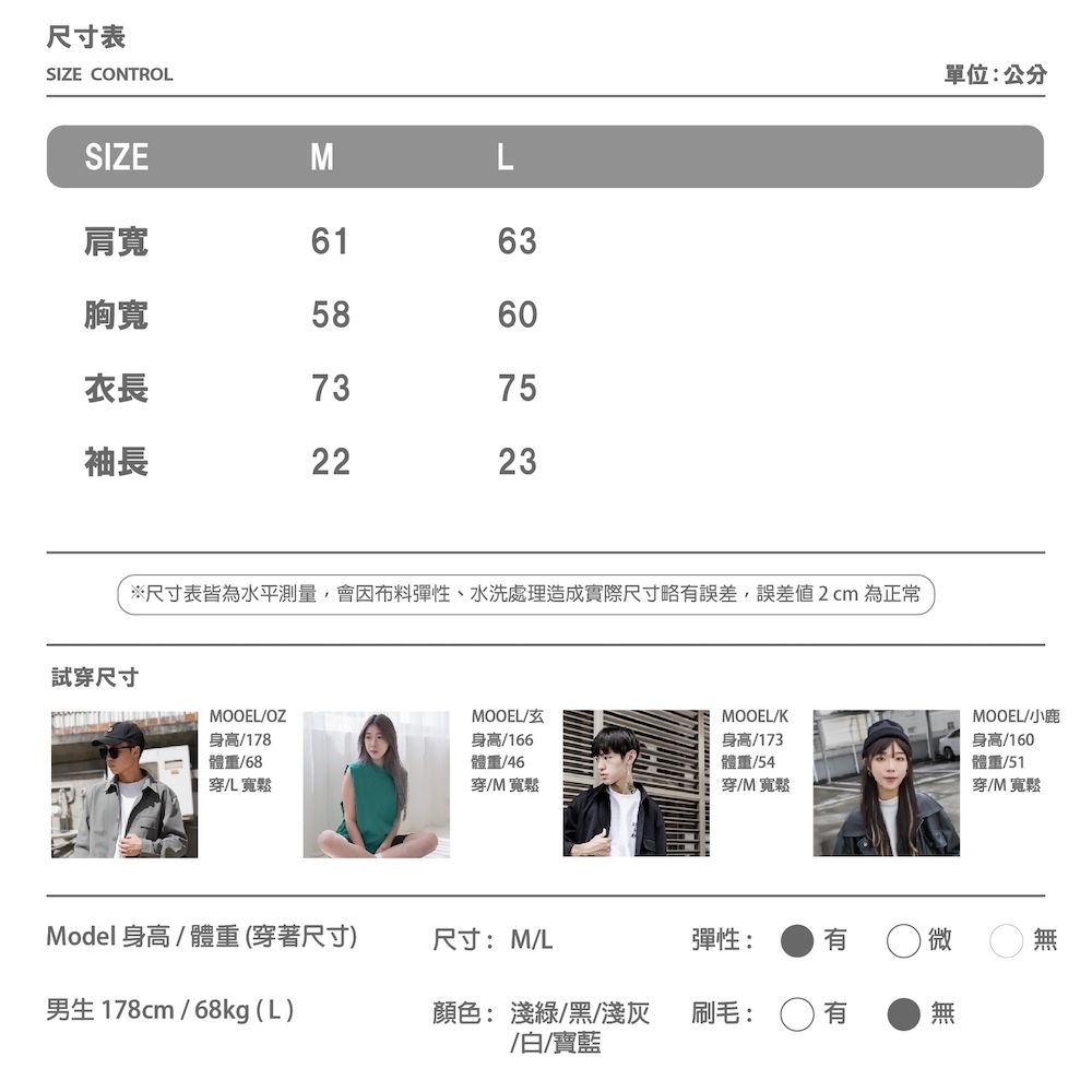 尺寸表SIZE CONTROL單位:公分SIZEML肩寬6163胸寬5860衣長7375袖長2223試穿尺寸※尺寸表皆為水平測量,會因布料彈性、水洗處理造成實際尺寸略誤差,誤差2cm 為正常MOOEL/OZMOOEL/MOOEL/K身高/178體重/68穿儿寬鬆身高/166體重/46穿/M寬鬆身高/173體重/54穿/M寬鬆Model身高/體重(穿著尺寸)尺寸:M/L彈性:有男生 178cm/68kg (L)顏色:淺綠/黑/淺灰/白/寶藍刷毛:MOOEL/小鹿身高/160體重/51穿/M寬鬆