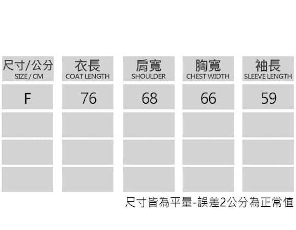 尺寸/公分衣長肩寬胸寬SIZE/CMFCOAT LENGTHSHOULDERCHEST WIDTH766866袖長SLEEVE LENGTH59尺寸皆為平量-誤差2公分為正常值