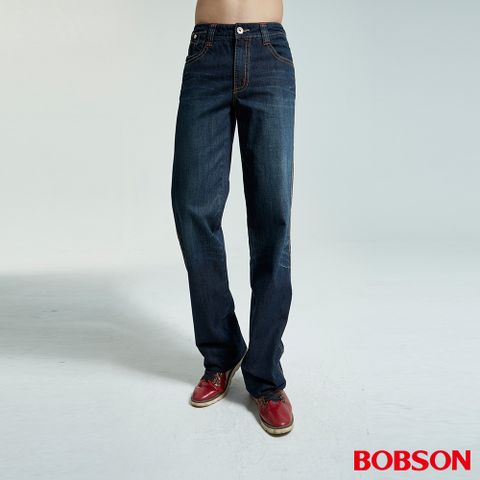 BOBSON 男款貓鬚刷白中直筒褲(1713-52)