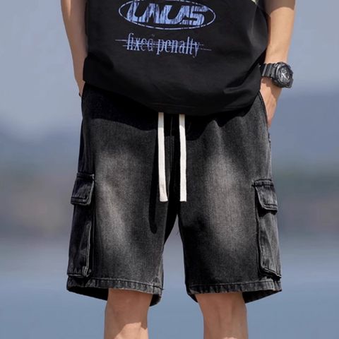 【AMERO】男裝 女裝 刷色牛仔短褲 大口袋 鬆緊褲頭 情侶裝
