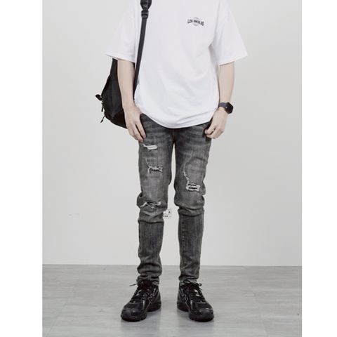 【AMERO】男女款 多紋 破壞 彈性 牛仔褲 情侶裝