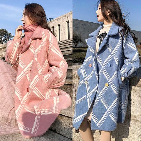 【韓國K.W.】KMM3423現貨菱格紋氣質寬大保暖外套(外套/大衣/羽絨外套/鋪棉外套)