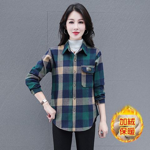 【韓國K.W.】KMM3482現貨韓國新款顯瘦搭配格子保暖加絨外套(中長版外套/立領外套/加絨外套)