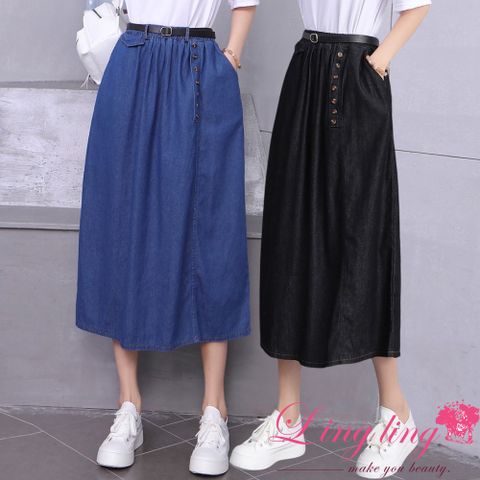 lingling中大尺碼 A4376丹寧A字排釦造型口袋腰鬆緊中長裙
