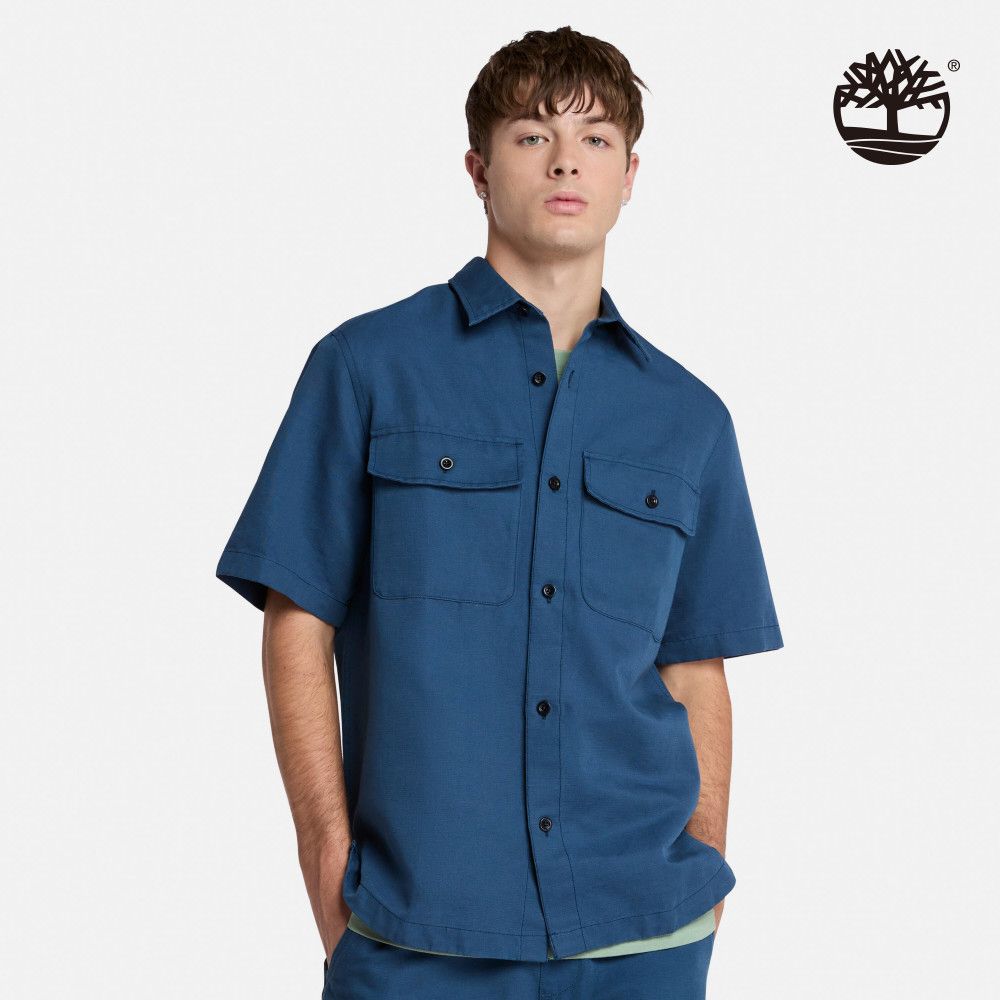 Timberland 男款靛藍色亞麻短袖襯衫外套｜A69U7288