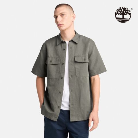 Timberland 男款軍綠色亞麻短袖襯衫外套|A69U7A58