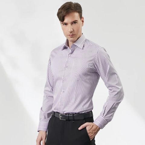 pierre cardin 皮爾卡登 男襯衫 棉混紡抗皺修身版定位條紋長袖襯衫_深紫條(52868-25)