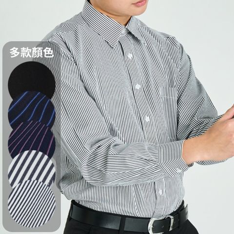 【CHINJUN】男士商務襯衫 抗皺加強 長袖 黑色 條紋 素面