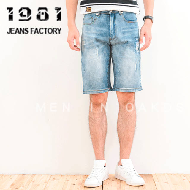 【1981牛仔褲】箭頭印字拼布水藍輕刷牛仔短褲/彈力牛仔短褲#38268