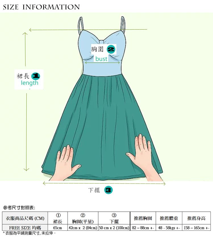 SIZE INFORMATION裙長length胸圍bust下擺3參考尺寸對照表:①3衣服商品尺碼(CM)推薦胸圍 推薦體重推薦身高裙長胸圍(平量)下擺FREE SIZE 均碼65cm42cmx2(84cm) 50cmx2(100cm) 82~88cm 4858kgs+158~165cm +-*衣服為平鋪測量尺寸,未拉伸。