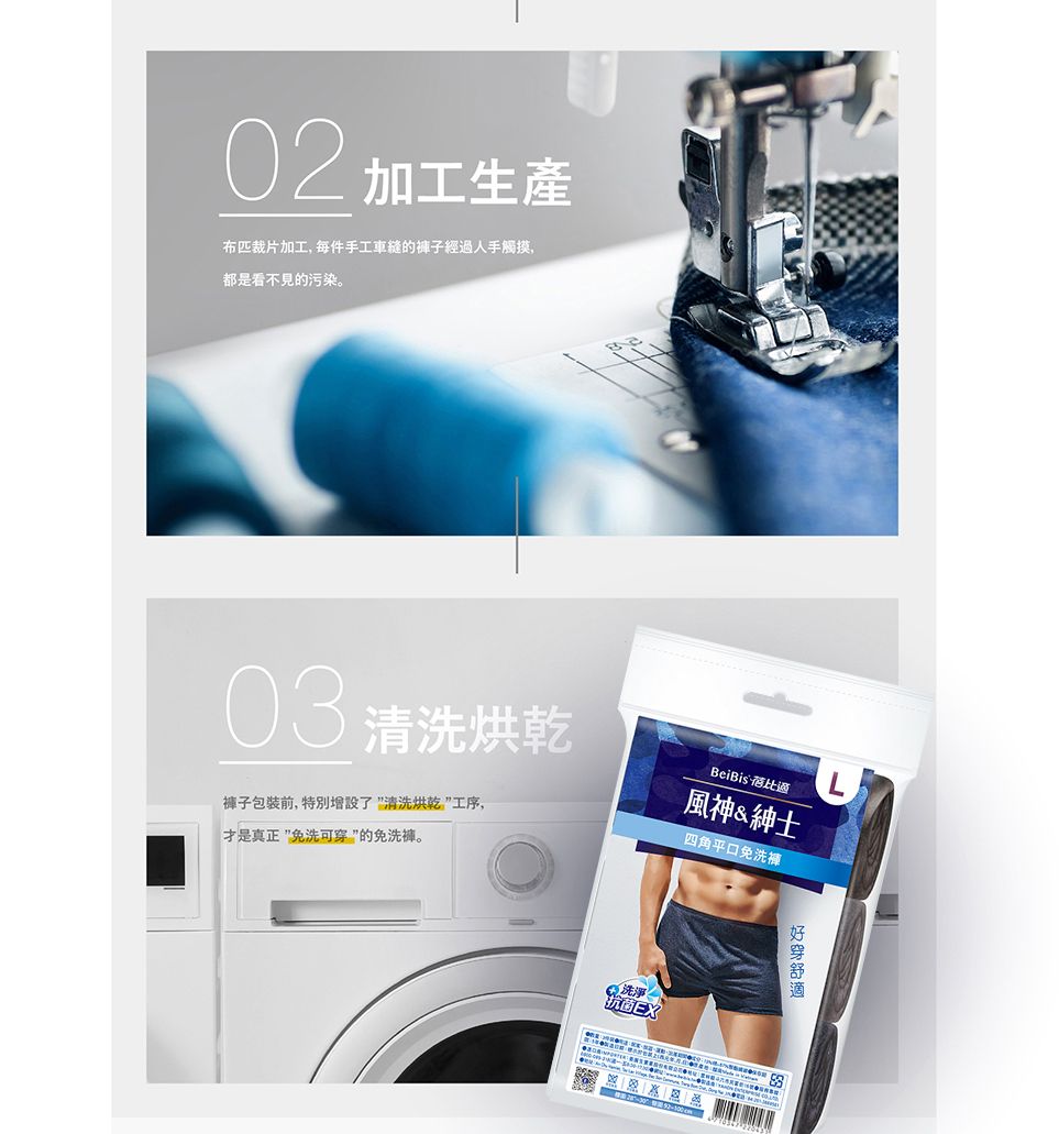 02 加工生產布匹裁片加工, 每件手工車縫的經人手觸摸,都是看不見的污染。 清洗烘乾子包裝前, 特別增設了清洗烘乾”工序,才是真正免洗可”的免洗褲。BeiBis 過風神&紳士四角平口免洗褲洗淨抗菌穿