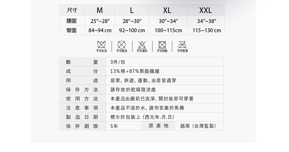 尺寸MLXLXXL腰圍 25 2830303438臀圍 84~94cm 92~100cm100~115cm115~130cm不可水洗 不可乾洗不可漂白不可烘乾不可熨燙量3件/包途保存方法使用方法注意事項製造日期13%棉+87%聚酯纖維居家、旅遊、運動、出差皆適穿請存放於乾燥陰涼處本產品出廠前已洗淨,開封後即可穿著本產品不溶於水,請勿丟棄於馬桶保存期限標示於包裝上(西元年月日)5年原產地越南(台灣監製)