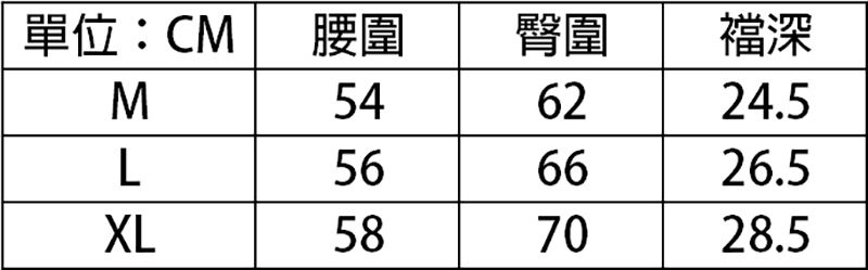 單位:CM腰圍臀圍襠深M546224.5L566626.5XL587028.5