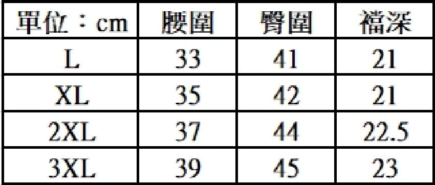 單位:cm腰圍臀圍襠深L33412135212XL374422.53XL394523