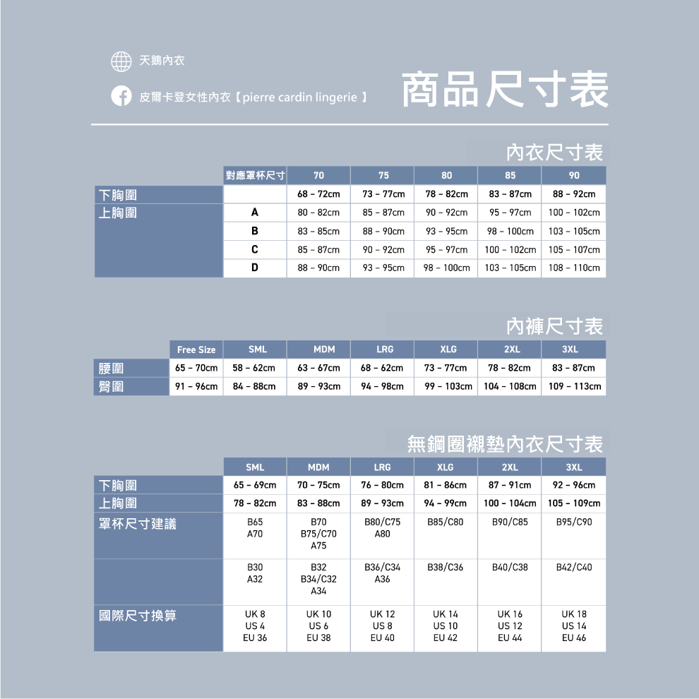 天鵝內衣皮爾卡登女性內衣【pierre cardin lingerie 商品尺寸表內衣尺寸表對應罩杯尺寸7075808590下胸圍68-72cm73-77cm上胸圍A85-87cm78-82cm90-92cm83-87cm88-92cm95-97cm 100-102cmB83-85cm93-95cm98-100cm 103-105cmс85-87cm90-92cmD88-90cm93-95cm95-97cm98-100cm100-102cm 105-107cm103-105cm 108-110cm內褲尺寸表Free SizeSML腰圍65-70cm 58-62cmMDM63-67cmLRGXLG2XL68-62cm73-77cm78-82cm3XL83-87cm臀圍91-96cm 94-98cm 104-108cm 109 113cm無鋼圈襯墊內衣尺寸表SML下胸圍上胸圍78-82cmMDM70 - 75cmLRG76 - 80cmXLG81-86cm2XL3XL87-91cm92-96cm83-88cm89-93cm94-99cm100-104cm 105-109cm罩杯尺寸建議B65B70B80/C75B85/C80B90/C85B95/C90A70B75/C70A80A75B30B32B36/C34B38/C36B40/C38B42/C40A32B34/C32A36A34國際尺寸換算UK 8UK 10UK 12UK 14UK 16UK 18US 4US 6US 8US 10US 12US 14EU 36EU 38EU 40EU 42EU 44EU 46