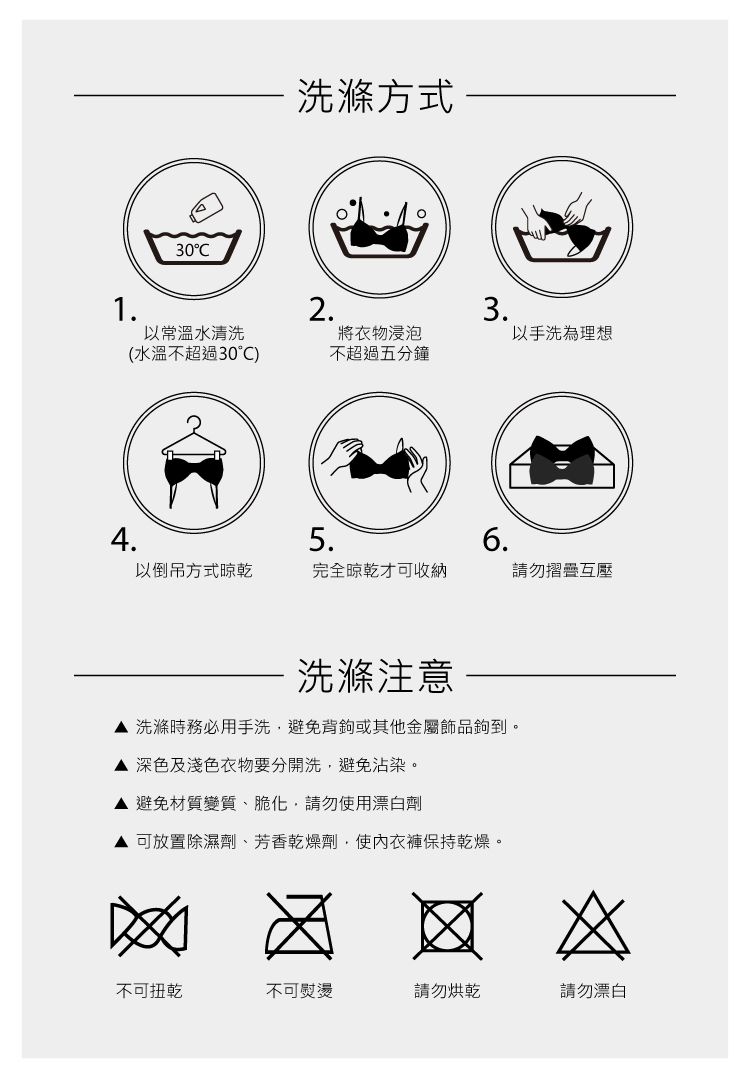 430洗滌方式1.2.3.以常溫水清洗將衣物浸泡以手洗為理想(水溫不超過30°C)不超過五分鐘5.6.以倒吊方式晾乾完全晾乾才可收納請勿摺疊互壓洗滌注意洗滌時務必用手洗避免背鉤或其他金屬飾品鉤到。深色及淺色衣物要分開洗避免沾染。避免材質變質、脆化,請勿使用漂白劑▲ 可放置除濕劑、芳香乾燥劑,使內衣褲保持乾燥。不可扭乾不可熨燙請勿烘乾請勿漂白