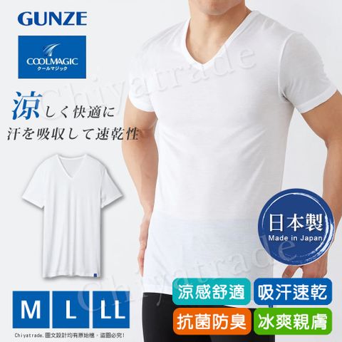【日本郡是Gunze】日本製 COOLMAGIC 男士機能涼感 V領 短袖 內衣 T-shirt-白色M/L/LL