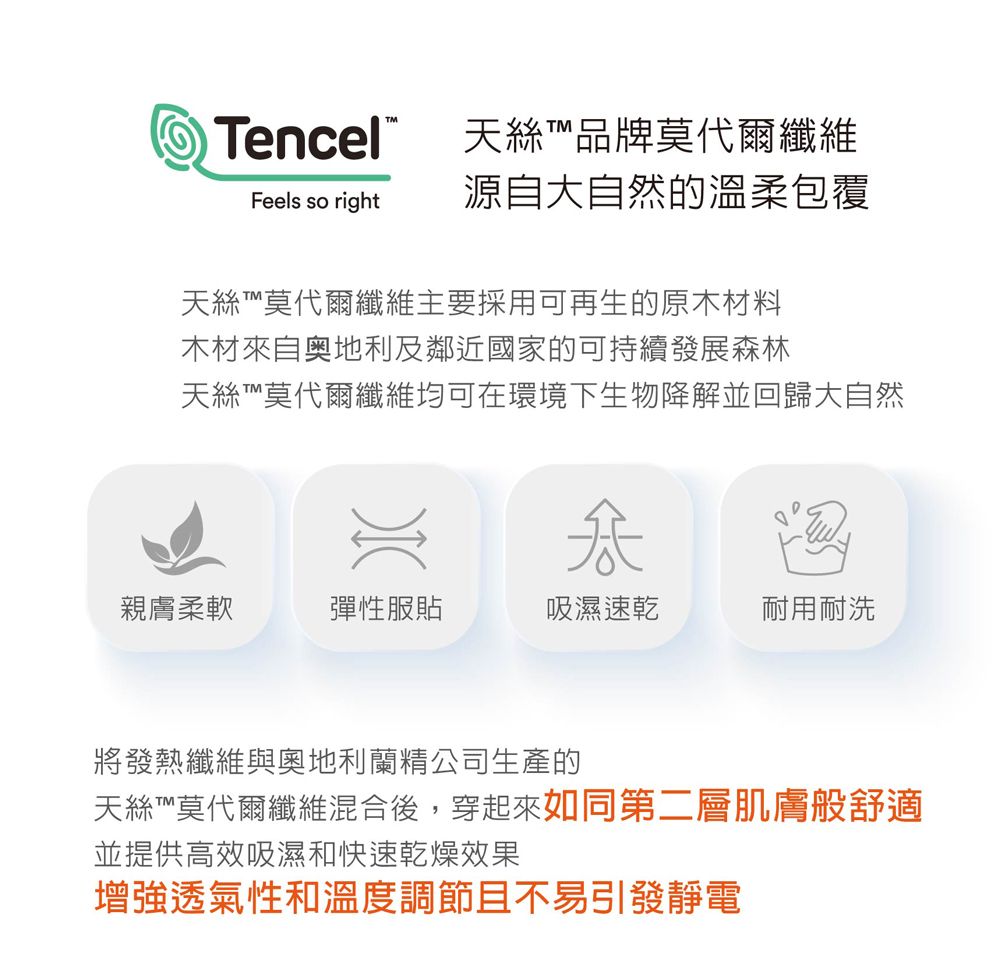 Tencel 天絲™品牌莫代爾纖維Feels so right源自大自然的溫柔包覆天絲™莫代爾纖維主要採用可再生的原木材料木材來自奥地利及鄰近國家的可持續發展森林天絲™莫代爾纖維均可在環境下生物降解並回歸大自然親膚柔軟彈性服貼吸濕速乾耐用耐洗將發熱纖維與奧地利蘭精公司生產的天絲™莫代爾纖維混合後,穿起來如同第二層肌膚般舒適並提供高效吸濕和快速乾燥效果增強透氣性和溫度調節且不易引發靜電