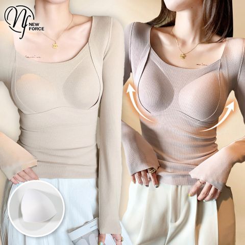 氣質羊絨附胸墊保暖長袖上衣-4色可選(打底上衣/保暖上衣/發熱衣/內搭內衣/刷絨上衣)