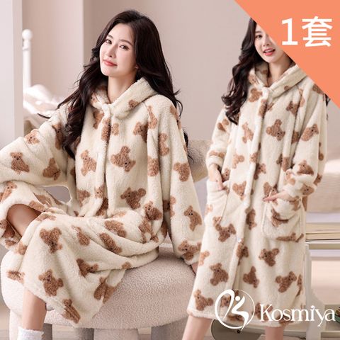 Kosmiya 1套 法蘭絨保暖可愛小熊睡袍/女睡衣/長袖睡衣/連身洋裝/洋裝/保暖睡衣