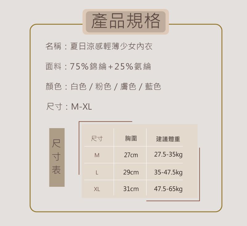 產品規格名稱:夏日涼感輕薄少女內衣面料:75%錦綸+25%氨綸顏色:白色/粉色/膚色/藍色:M-XL尺寸尺寸胸圍建議體重M27cm27.5-35kgL29cm35-47.5kgXL31cm47.5-65kg