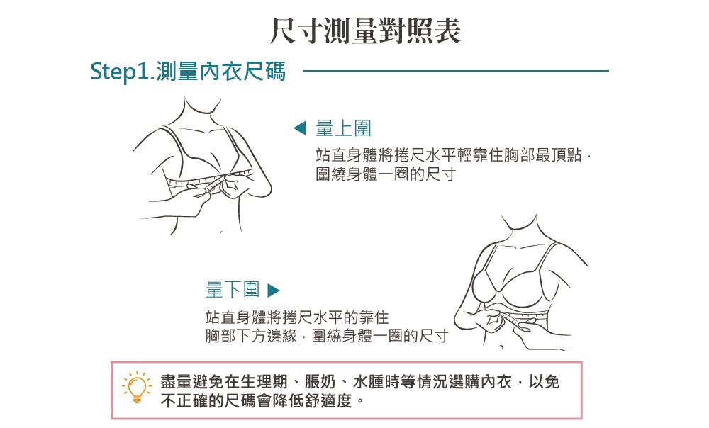 尺寸測量對照表Step1.測量內衣尺碼量上圍站直身體將捲尺水平輕靠住胸部最頂點圍繞身體一圈的尺寸量下圍站直身體將捲尺水平的靠住胸部下方邊緣圍繞身體一圈的尺寸盡量避免在生理期、脹奶、水腫時等情況選購內衣,以免不正確的尺碼會降低舒適度。