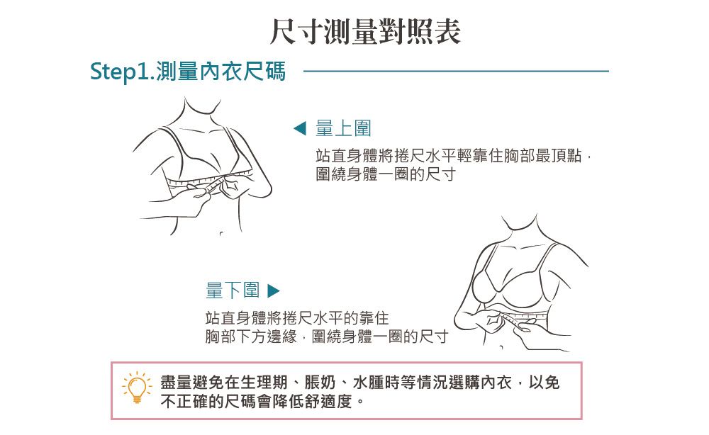 尺寸測量對照表Step1.測量內衣尺碼量上圍站直身體將捲尺水平輕靠住胸部最頂點圍繞身體一圈的尺寸量下圍站直身體將捲尺水平的靠住胸部下方邊緣圍繞身體一圈的尺寸盡量避免在生理期、脹奶、水腫時等情況選購內衣,以免不正確的尺碼會降低舒適度。