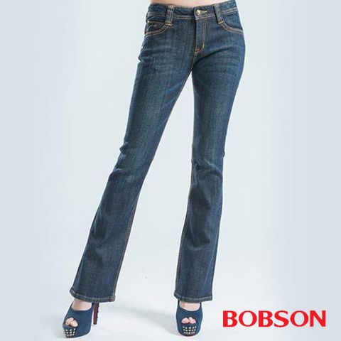 【BOBSON】女款V型鑽飾小喇叭褲(藍9074-53)